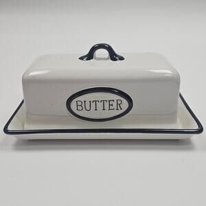 Home Butter Dish Top and plate 7.25" Long 3.25" Tall White Black Letters Ceramic